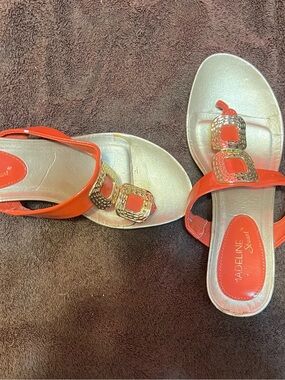 Madeline Stuart Coral-Orange Slide Sandals with Gold Accent Buckles